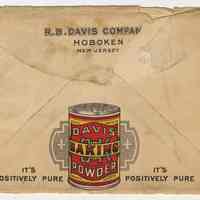          back of envelope imprinted with name, location, container depiction, slogan
   