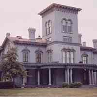 Color photo of the exterior of Stevens Castle, Stevens family mansion, Castle Point, Hoboken, NJ., n.d., ca. 1955-1958.