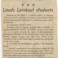 Newsclipping about a reply letter from President Gerald Ford to a second grade class at the Sadie F. Leinkauf School, Hoboken, [1976].