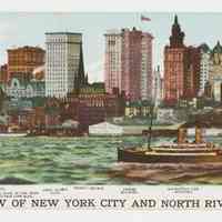Three-panel fold-out postcard: View Of New York City And North River