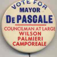 Political button: Vote for Mayor DePascale; Councilman at Large, Wilson, Palmieri, Camporeale. (Hoboken, n.d, probably 1973.)