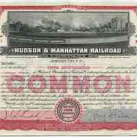 Stock certificate: Hudson & Manhattan Railroad Company. Common Stock; 100 shares, $100 each. No. B47811. Registered Apr. 15, 1949. Transfer Nov. 29, 1950.
