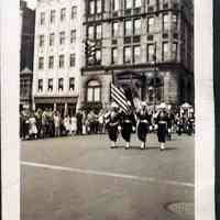 Digital image of b+w photo of Champion Fife & Drum Corp marching east on Newark at Washington St., Memorial Day, Hoboken, May 30,1950.