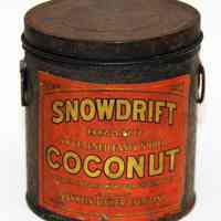 Can, sample: Snowdrift Brand Coconut, 25 Pounds (actual ca. 4oz.); Franklin Baker, Hoboken, n.d., ca. 1925-1940.