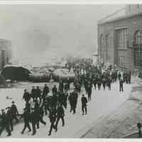 B+W copy photo of workers leaving the W. & A Fletcher shipyard, Hudson Street near 13th St., Hoboken, no date, ca. 1890-1900.