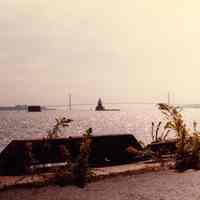 Digital scan of color photo of New York Harbor with the Verrazano Bridge, no date, circa 1970-1980.