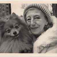 B+W photo of Louise Clem with her dog, Randy, near 5th & Hudson Sts., Hoboken, n.d, ca. 1983-1988.