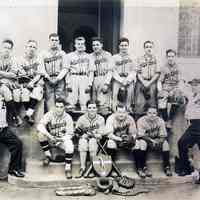 Sepia-tone photograph of Autographic Register Co. baseball team posed on pavilion steps at Columbus Park, Hoboken, n.d., ca. 1935-1945.