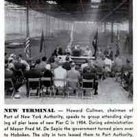 Howard Cullman of the Port of N.Y. Authority speaking to group attending the signing of lease for new Pier C, Hoboken, 1954.