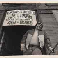 B+W photo of Luis Rivera, construction worker, 8th and Washington Streets, Hoboken, n.d, ca. 1983-1988.