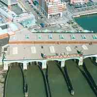 Digital image of color photo of an aerial view of the Hoboken Terminal looking northwest from the Hudson River, Hoboken, April 13, 2000.