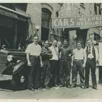 B+W photo of 4 men on the sidewalk at the Model Garage, 214 Clinton St., Hoboken, no date, ca. 1935.