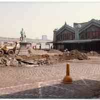 Color photo of Lackawanna Plaza renovations, Hoboken, May 1984.