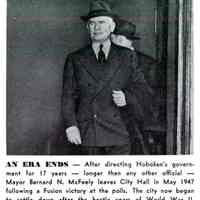 Reference image: Mayor Bernard N. McFeely leaving City Hall following defeat by Fusion party in elections, Hoboken, May, 1947.