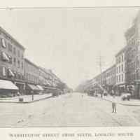 Printed B+W photograph of Washington Street from Sixth Street, looking south, Hoboken, ca. 1908.