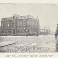 Printed B+W photograph of City Hall and First Street looking west, Hoboken, ca. 1908.