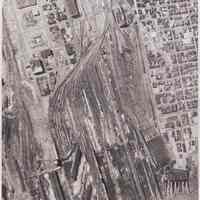 Digital image of b+w aerial photo of southern end of Hoboken and Erie Railroad yard in Jersey City, no date, ca. 1970-75.