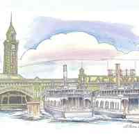 Color print of drawing of the Erie Lackwanna Terminal ferry slips and clock tower by Richard La Rovere, 2001.