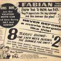 Handbill: Fabian Theatre, Hoboken. "Girls Boys Join Our Vacation Movie Club." No date, circa 1950