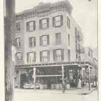 Printed B+W photograph of Garden Street Market, northeast corner of Garden and Newark Streets, Hoboken, no date, ca. 1906-1908.
