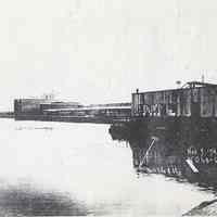 B+W photocopy of photo of the north side of 14th Street ferry slip from the bulkhead, Hoboken, Nov. 3, 1942.