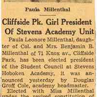 Digital images of 4 newsclippings regarding Paula Millenthal and Stevens Hoboken Academy, Hoboken, 1954-1955.