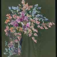 Lantern slide, color, of a floral arrangement on stand, used for promotional display in Hoboken, no date, ca. 1920.