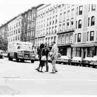 B+W photo of mayoral candidate Tom Vezzetti campaigning at Twelfth & Washington Sts., Hoboken, no date, ca. June 1985.