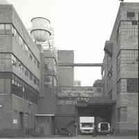 Digital image of B+W photo of former Maxwell House Coffee plant exterior, between Manufacturing Building, left, & Soluble Building, Hoboken, 2003.