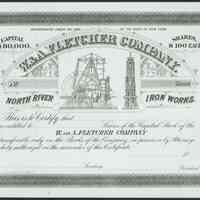 Digital image of photo of W.& A. Fletcher Company stock certificate, North River Iron Works, New York, no date, original not later than 1890.
