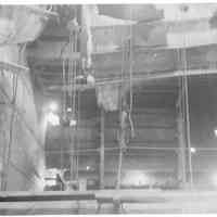 B+W photo of interior view of structural repairs underway on unidentified vessel at Bethlehem Steel Shipyard, Hoboken, no date, ca. 1940.