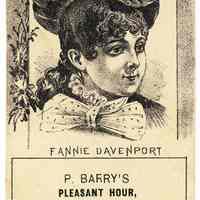 Card, trade: Fannie Davenport card imprinted with Hoboken saloon (bar) name and address. N.d., ca. 1880s.