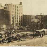 Sepia-tone photo of progress on foundation construction on the site for the Fabian Theatre, Newark & Washington Sts., Hoboken, Jan. 23, 1928.