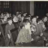 B+W photo of boys seated for program at Hoboken YMCA, Hoboken, n.d. ca, 1942-1945.