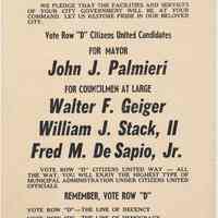 Digital image of handbill promoting Citizens United election slate for mayor, John J. Palmieri, and 3 councilmen-at-large candidates, Hoboken, 1961.