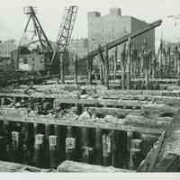          B+W photo of the construction of Pier 5 (formerly Pier 14) at the Bethlehem Steel Shipyard, Hoboken Division, Nov. 27, 1957. picture number 1
   