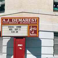 Color photo of A.J. Demarest Middle School sign at the corner of Garden and Fourth Sts., Hoboken, Sept., 1-5, 2001.