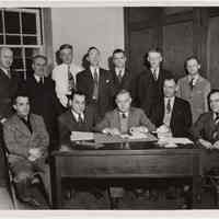 B+W photos, 2, of Dads Club annual meeting & officers at Hoboken YMCA, Jan. 13, 1947.