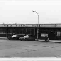 B+W photo of Public Service Buses terminal; taxi stand; PATH entrance; on Hudson Pl. at River St., Hoboken, n.d., ca. 1965-1969.