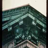 Color slide of detail view of cornice, pediment, dentils and frieze at 1305 Bloomfield on the NE corner with 13th