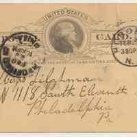 Postal card cancelled with Hoboken, NJ star postmark, Feb. 29, [1892].