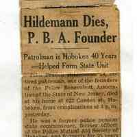 Newsclipping: Hildemann Dies, P.B.A. Founder. (Obituary: John Frances Hildemann of Hoboken, ca. 1939.)