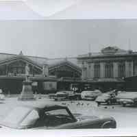 B+W photo of Erie-Lackawanna Hoboken Terminal and plaza with Sam Sloan Statue, Hoboken, 1966.