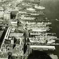 Digital image of black-and-white aerial photo of the north waterfront of Hoboken looking northwest, Hoboken, no date, ca. 1945-51.