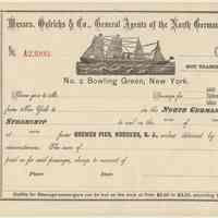 Passage order blank form for the North German Lloyd Line sailing from Bremen Pier, Hoboken, n.d., circa 1870-1885.
