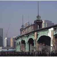 Digital color image of Hoboken Terminal east facade of the sign and former ferry slips, Hoboken, no date, [2004].