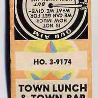 Matchbook from Town Lunch & Town Bar, 215-217 Washington St., Hoboken, N.J. No date, ca. 1950.