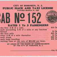 Unissued City of Hoboken Public Hack and Taxi License, expires March 31, 1936, Hoboken, ca. 1935.
