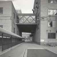 Digital image of B+W photo of former Maxwell House Coffee plant exterior, looking north between Process Building & Soluble Building, Hoboken, 2003.