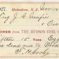 Receipt of The Hudson Coal Co. for coal and wood delivered to tugboat Jacob G. Neafie operating from Hoboken, Nov. 10, 1876.